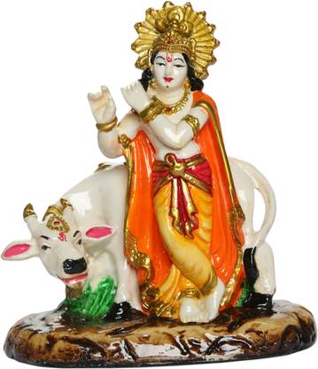 Heeran Art Religious Idol of Lord Krishna with Kamdhenu ( Icchapurti ) Cow Statue Decorative Showpiece  -  15 cm