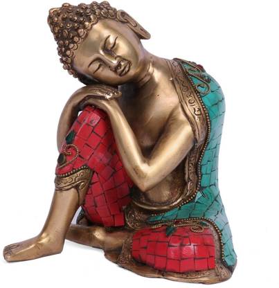 Collectible India Thinking & resting Turquoise Brass Buddha Statue - Inlay Handwork Large Buddhist idol Decorative Showpiece  -  25 cm