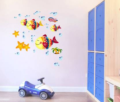 Aquire 90 Wall Stickers Baby Room Crib Background Design Cute Colorful Fishes with Bubbles Cradle Decor Self Adhesive Sticker