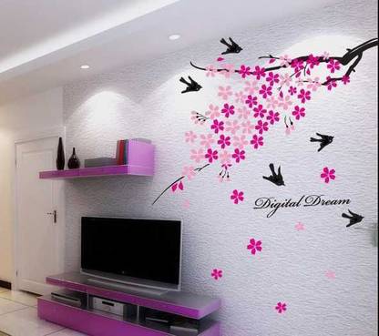 Aquire Wall Stickers Pink Flower Branch with Birds 936