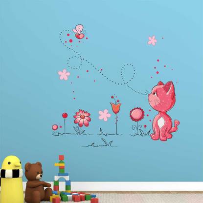 Aquire 100 cm Cute Cat in Pink with Baby Butterfly In A Garden For Nursery Kids Sticker
