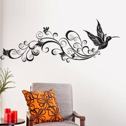 Aquire Wall Decals Bird with Floral Tail Black 5754 Large Self Adhesive Sticker