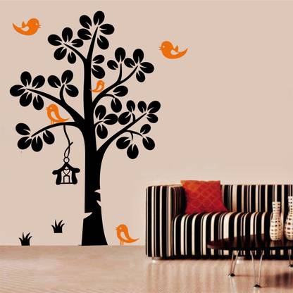 Asmi Collections 130 Black Tree Orange Birds Nest Removable Sticker