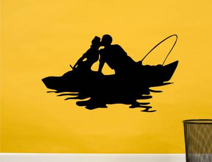 WALL GURU 91.55 cm Couple Fishing Silhouette Black Wall Decal And Sticker Size(91*55)cm Self Adhesive Sticker