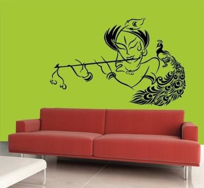 Creatick Studio 10.16 cm Creatick Studio Krishna & Peacock Wall Sticker Self Adhesive Sticker