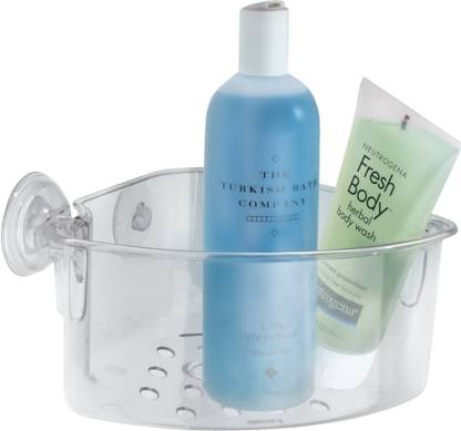 INTERDESIGN Plastic Power Lock Suction Bathroom Shower Caddy Corner Basket for Shampoo, Conditioner, Soap - Clear Storage Basket