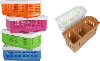 CSM Plastic Combo Of 6 Multipurpose Baskets (4 Foldable Flexi Basket + 2 Baskets) Storage Basket