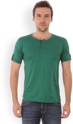 CAMPUS SUTRA Solid Men Henley Neck Green T-Shirt