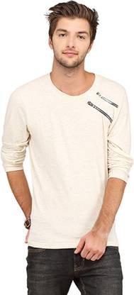 CAMPUS SUTRA Solid Men Round Neck Beige T-Shirt