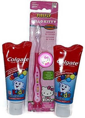 FIREFLY Hello Kitty Toothbrush and Kids Colgate Toothpaste Bundle - One Toothbrush and Two Tubes of Toothpaste - 3 Item Bundle Soft Toothbrush