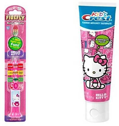 Crest Hello Kitty 1 Minute Timer Light up Toothbrush PLUS Crest Hello Kitty Bubble Gum Flavored Toothpaste Extra Soft Toothbrush