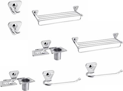 FORTUNE 8-piece Chrome Finish Stainless Steel Bathroom Accessories Set/Towel Rack/Towel ring/Robe Hook/Soap dish with Tumbler Silver Towel Holder