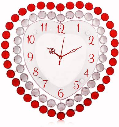 Arete Victor317 White and Red Crystal Studded Heart Shaped Designer Wall Clock Analog 38 cm X 38 cm Wall Clock