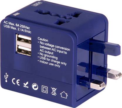 GM ATLAS universal multi plug Adaptor with USB Charger-Blue Worldwide Adaptor