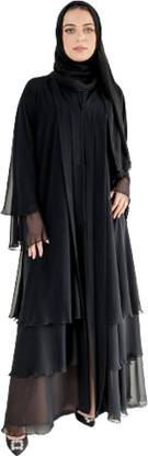 BROKE BRAND Black Triple Layer Chiffon Front Open Abaya With Hijab(LARGE SIZE_56") अबया हिज़ाब के साथ