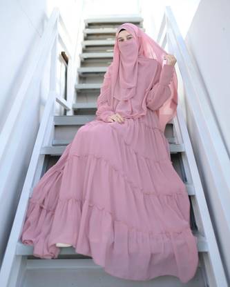 Emaan Outfits Cotton Blend, Polyester Self Design Abaya With Hijab