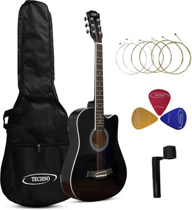 Techno 38-Inch Acoustic Guitar 38CG Black | Combo Pack with Bag, Strings, Picks Acoustic Guitar Mahogany Rosewood Right Hand Orientation