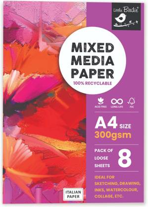 LITTLE BIRDIE Mixed Media Paper 300 GSM A4 Size Pack of 8 Sheets AR LB 30 cm Acrylic Sheet