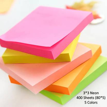 AirSoft Sticky Notes 3x3 Self-Stick Notes Bright Colors Sticky Notes (5 Neon Colors) 400 Sheets Regular, 5 Colors