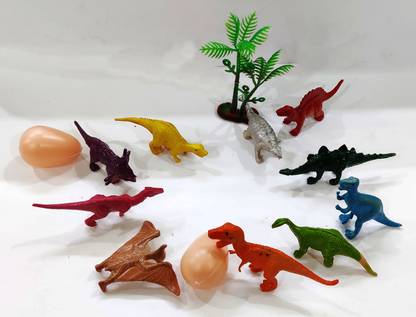 Dhinchak 10 Dinosaur Toys Figure Playing Set for Kids Story Telling with 2 Eggs 1 Tree