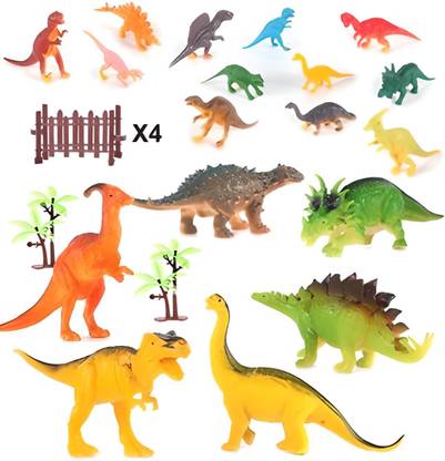 BIGWHEEL Set Of 18 Dinosaur Toy for Kids Action Figure with 2 Tree & 4 Barricade