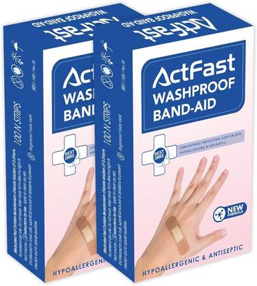 Actfast Washproof Band-Aid for Cuts & Wounds, Pack of 2, 100 strips each, First Aid Adhesive Band Aid