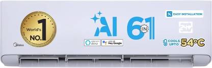 Midea 2025 Model 6 in 1 Convertible Cooling AI+ 1 Ton 5 Star Split Inverter KW Display, PM 2.5 Filter,4 Way Swing ,Santis Pro-X RYL AC with Wi-fi Connect  - White