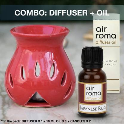Airroma Japanese Rose Diffuser, Diffuser Set, Aroma Oil Ceramic Aroma Diffuser Oil Burner(Red) with 10ml Japanese Rose Diffuser Oil & 2 Pcs Candles