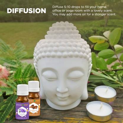 PeepalComm Ceramic Buddha Diffuser Essential Oil Burner With 2 candle And 1 Scented Aroma Oil, Diffuser Set Premium White Ceramic Buddha Diffuser Essential Oil Burner With 2 candle And 1 Scented Aroma Oil