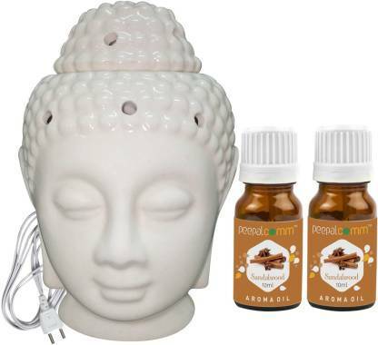 PeepalComm Home Decor Ceramic Aroma Diffuser,Oil Burner With 2 Sandalwood Scented Aroma Oil, Diffuser Set Ceremic Electric Buddha Oil Burner Diffuser Set With 10 ml Scented Oil