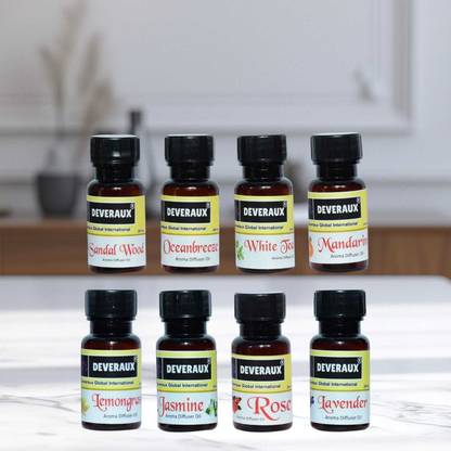 DEVERAUX sandalwood, ocean breeze, white tea, Lemon Grass, Jasmine, mandarin, Rose, Lavender Car Freshener Aroma Oil set of 8 fragrance (20ml each)