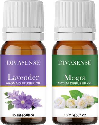Divasense Lavender, Mogra Aroma Oil, Diffuser, Diffuser Set, Potpourri, Refill Aroma Essential Oils for Diffuser Lavender and Mogra of 15ml Each | Aroma Oil Diffuser for Home Fragrance | Set of 2