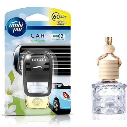 Ambipur Car air freshener for AC vent Jasmine Combo with Essential oil Hanging Diffuser Blocks, Diffuser Set Air Freshener/Purifier Pur Toilet Real Perfume Oil Fresh Jasmine Combo Auto Pearl Car Freshener- Exotic Jasmine, Starter Kit 7.5 ml