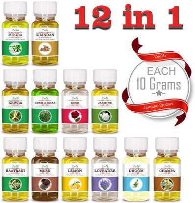 ZOOHI Fragrance Cooler perfume Scent, 120 ML (12 in 1 ), Multi-Purpose Water Soluble Aroma Oil Raatrani Musk Lemon Lovender Mogra Chandan Dhoom Champa