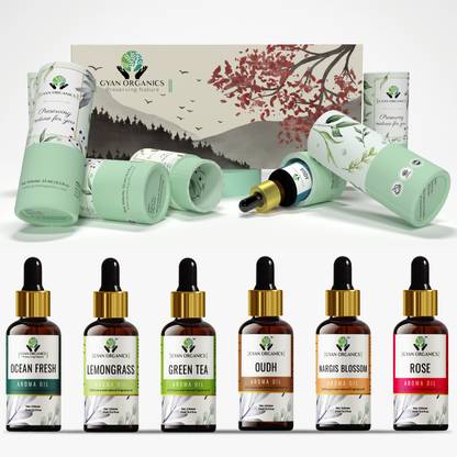 Gyan Organics Ocean Fresh, Black Oudh, Lemongrass, Rose, Green Tea, Nargis Blossom Aroma Oil, Automatic Spray, Diffuser, Diffuser Set, Refill, Spray Aroma Oil Ocean Fresh/Rose/Lemongrass/Black Oudh/Green Tea/Nargis Blossom Diffuser Refill Oil Aroma Oil Fragrance for Home Room Office & Washrooms