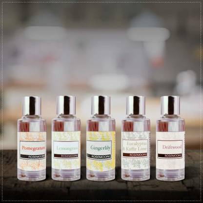 ROSeMOORe Aroma Diffuser Oil/Scented oil/Fragrance oil (Pack of 5, Pomegranate | Lemongrass | Gingerlily | Eucalyptus & Kaffir Lime | Driftwood - 15ml each) Aroma Oil 4240