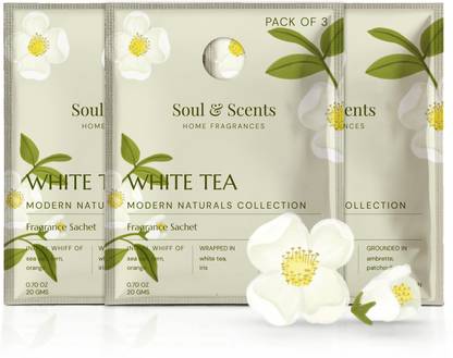 Soul & Scents White Tea Blocks White Tea Fragrance Sachet | Refreshing Aroma of White Florals & Sea Breeze | Long-Lasting Air Freshener for Car, Wardrobe, Kitchen, and Travel Bag | Pack of 3-20gm Each