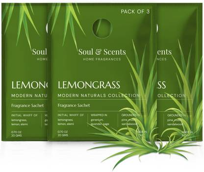 Soul & Scents Lemongrass Sachet Car Freshener Blocks Lemongrass Fragrance Sachet | A Fusion of Zesty Lemon & Lemongrass | Long-Lasting Air Freshener for Car, Wardrobe, Kitchen, and Travel Bag | Pack of 3-20gm Each