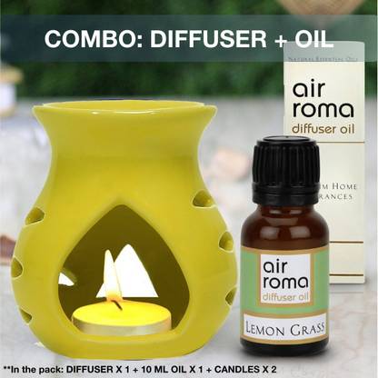 Airroma Aroma Oil Burner Set Yellow (Free 2 Tea Light Candles & 10 ml Lemon Grass Aroma Oil) Diffuser, Diffuser Set, Aroma Oil Aroma Oil Burner Set Yellow (Free 2 Tea Light Candles & 10 ml Lemon Grass Aroma Oil)
