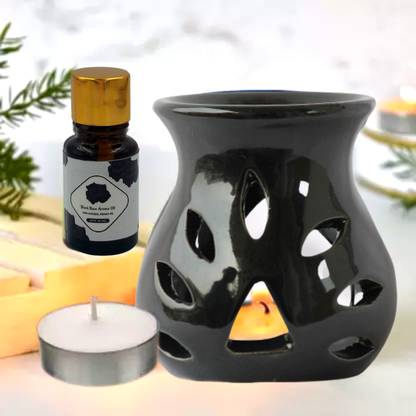 Home Delight Small Ceramic Black Diffuser With 10ml BlackRose Fragrance, One TeaLights Candle Diffuser Set, Aroma Oil HDiffuser-Black-BRose-01