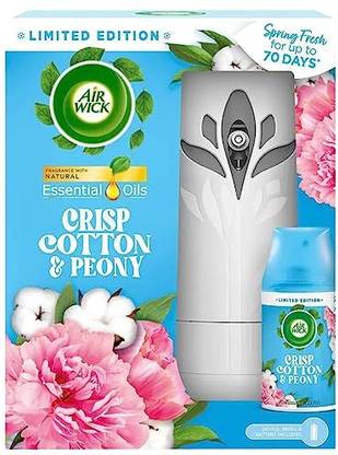 Airwick Crisp Cotton, Peony Automatic Spray Essential Oils Complete Kit Automatic Air Freshener Crisp Cotton & Peony 250ml