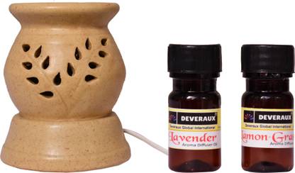 DEVERAUX LAVENDER, LEMON GRASS Diffuser Set CERAMIC LAMP SHAPE BROWN ELECTRIC OIL DIFFUSER FOR HOME FRAGRANCE (WITH 02 PC 10 ML AROMA OIL LAVENDER & LEMON GRASS)