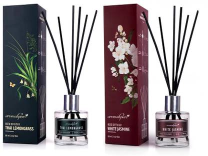 Aromahpure Reed Diffuser with 12 Fiber Reed Sticks | Jasmine, Lemongrass Room Air Freshener Diffuser Set REED-DIFFUSER-COMBO