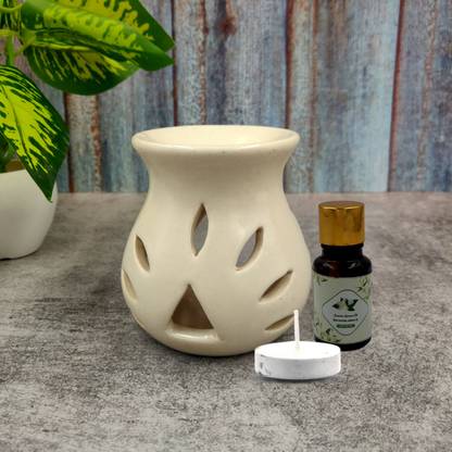 Home Delight Small Ceramic White Diffuser With 10ml Jasmine Fragrance, One Tea Lights Candles Diffuser Set, Aroma Oil Ceramic Aroma White Diffuser Burner with 10ml Jasmine fragrance & 1 Pcs Tea Lights Candles