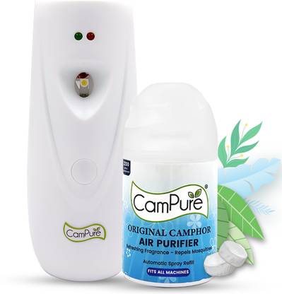 CamPure Automatic Machine + Air Freshener Refill - Original Camphor Automatic Spray Automatic Freshener Machine + Refill (225 ml) | Original Camphor Air Purifier | 100% Organic | Refreshing Fragrance For Home, Bathroom And Office | 2200 Sprays Guaranteed | Lasts upto 60 Days