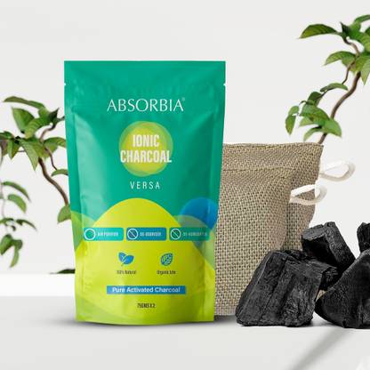 ABSORBIA NONE Fridge Freshener IONIC VERSA Pure Activated Charcoal Air Purifyer, made with Organic Jute Bag | Natural Deodorizer and Dehumidifier for Car Rooms Fridge Shoes etc | 75 Gms x 2 Bags