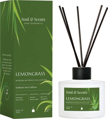 Soul & Scents Lemongrass Diffuser Get 6 Fiber Stick Natural Fragrance Smokeless Room Freshener Diffuser Set, Aroma Oil LEMONGRASS REED DIFFUSER