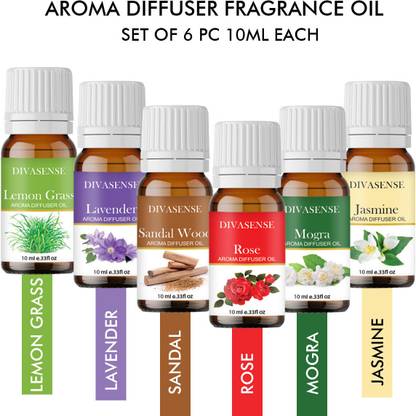 Divasense Diffuser Oil Rose, Jasmine, Lavender, Sandalwood, Mogra, Lemon Grass Car Freshener Aroma Oil, Diffuser, Refill, Spray Diffuser Oil Rose, Jasmine, Lavender, Sandalwood, Mogra, Lemon Grass