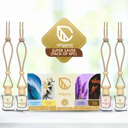 Airganic Aroma Swing pack 4 combo: Cool Ocean , Mexican Vanilla, Lavender & Black Oudh Car Freshener Diffuser Aroma with Essential Oils in Glass Bottle with Wooden Diffuser Lid| Car Hanging Accessories| Car Accessories Interior (4 x 10 ml)