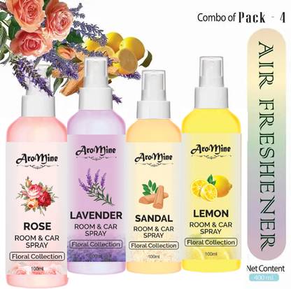 AroMine Sandal, Rose, Lavender, Lemon Air Freshener Mist ( For Home , Car , Bathroom ) Car Freshener Spray Rose, Lavender, Sandal, Lemon Room & Car Fragrance Spray -Combo Offer